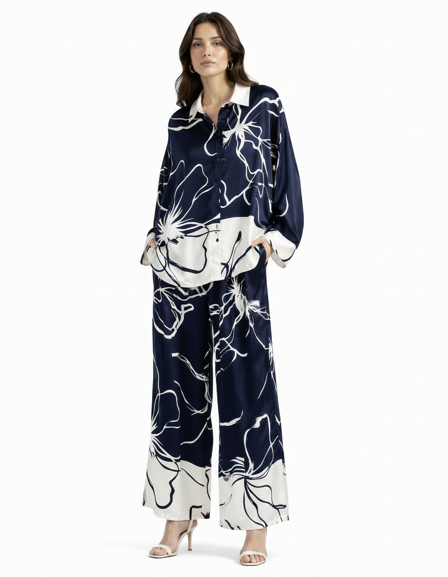Wafa Leaf Print Co-ord Set – Button-Front Collared  Elora