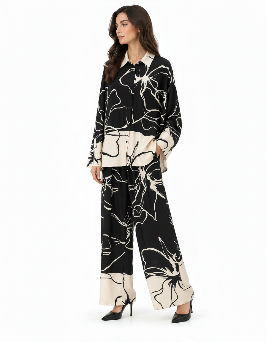 Wafa Leaf Print Co-ord Set – Button-Front Collared  Elora
