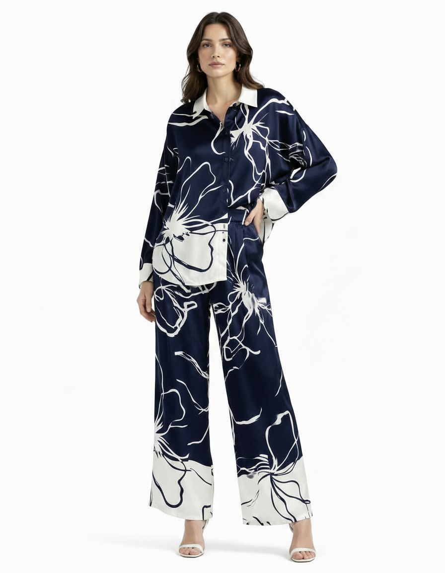 Wafa Leaf Print Co-ord Set – Button-Front Collared  Elora