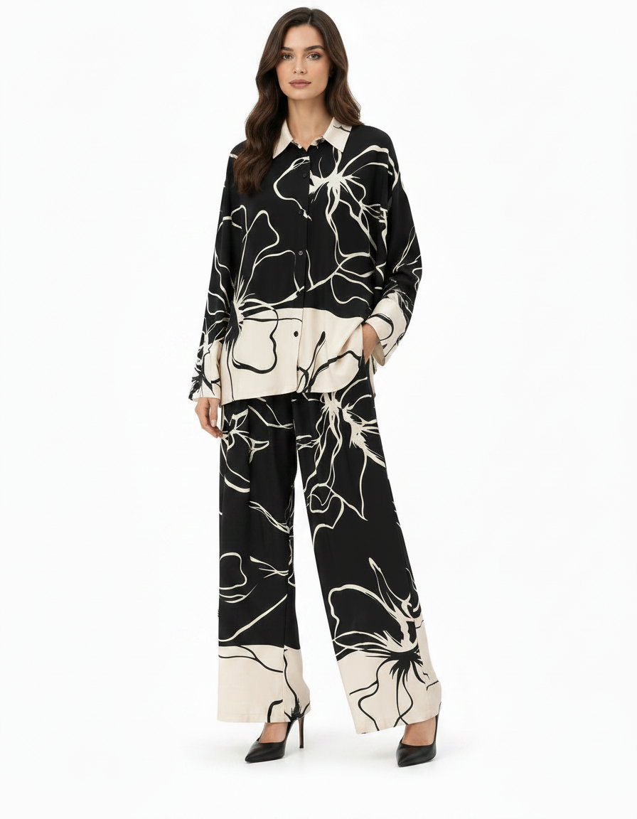Wafa Leaf Print Co-ord Set – Button-Front Collared  Elora