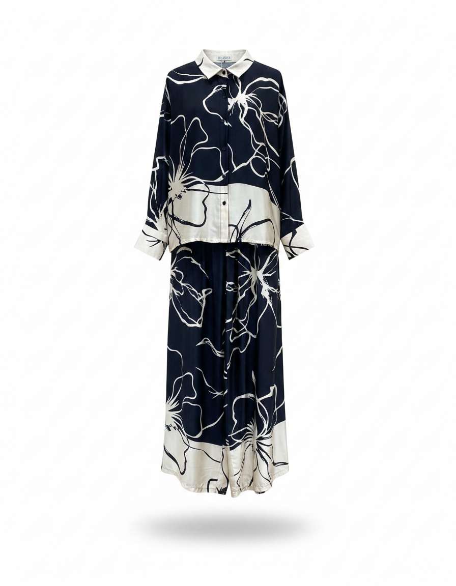 Wafa Leaf Print Co-ord Set – Button-Front Collared  Elora