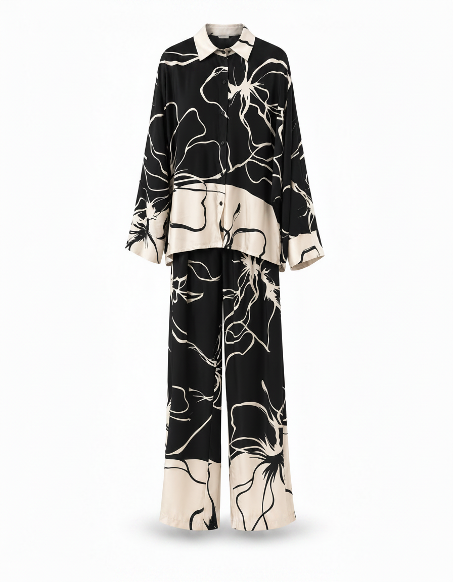 Wafa Leaf Print Co-ord Set – Button-Front Collared  Elora