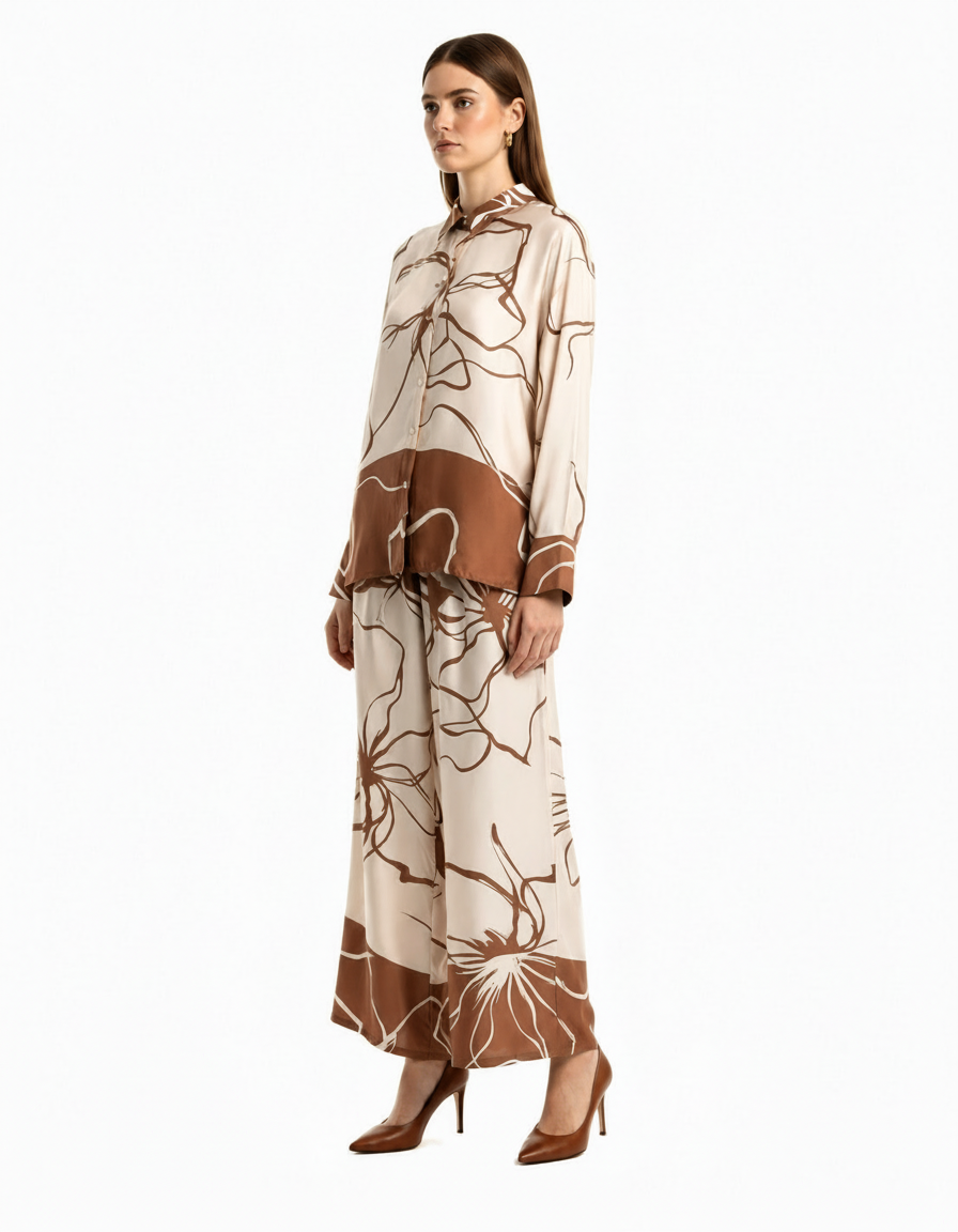 Wafa Leaf Print Co-ord Set – Button-Front Collared  Elora