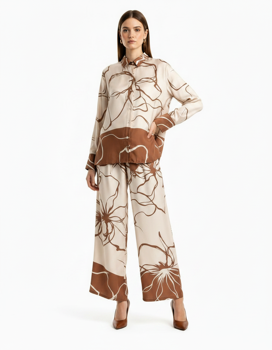 Wafa Leaf Print Co-ord Set – Button-Front Collared  Elora
