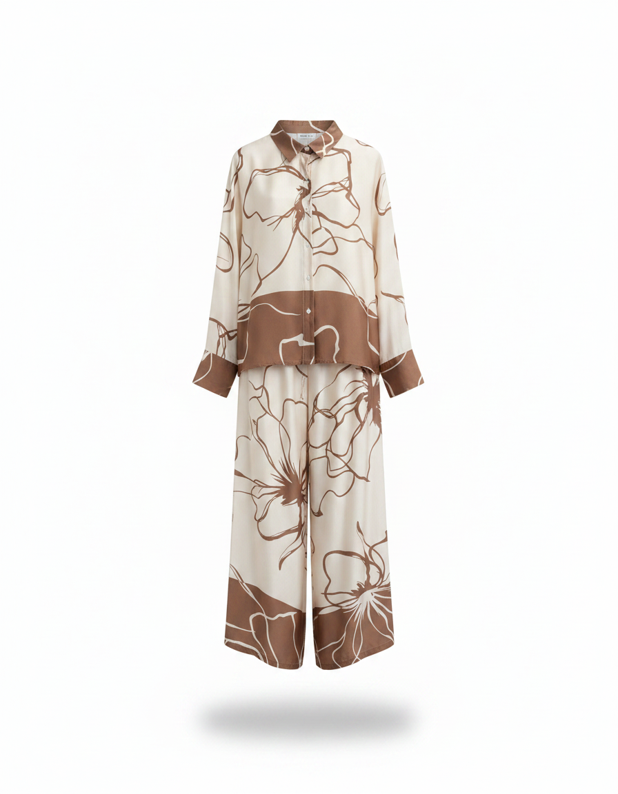 Wafa Leaf Print Co-ord Set – Button-Front Collared  Elora