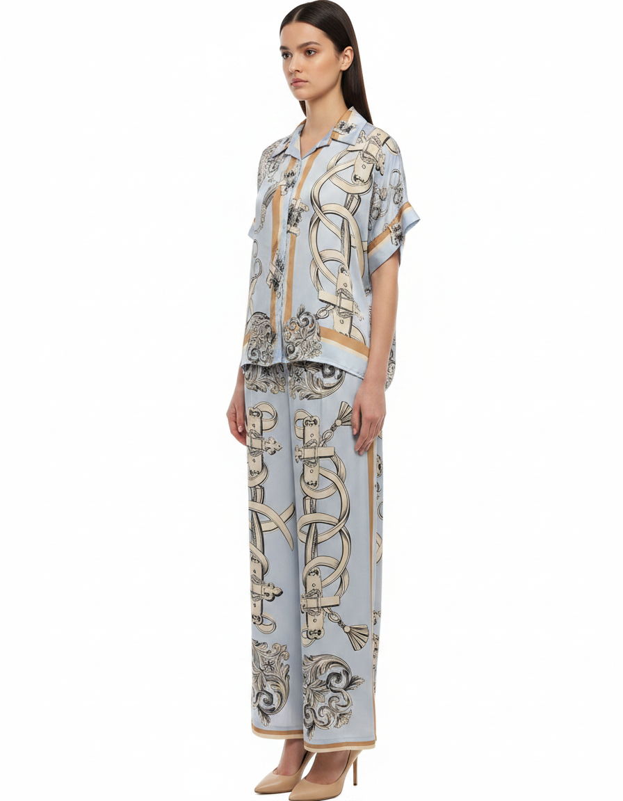 Leen Abstract Maxi Co-ord Set – Button-Front V-Neck  Elora