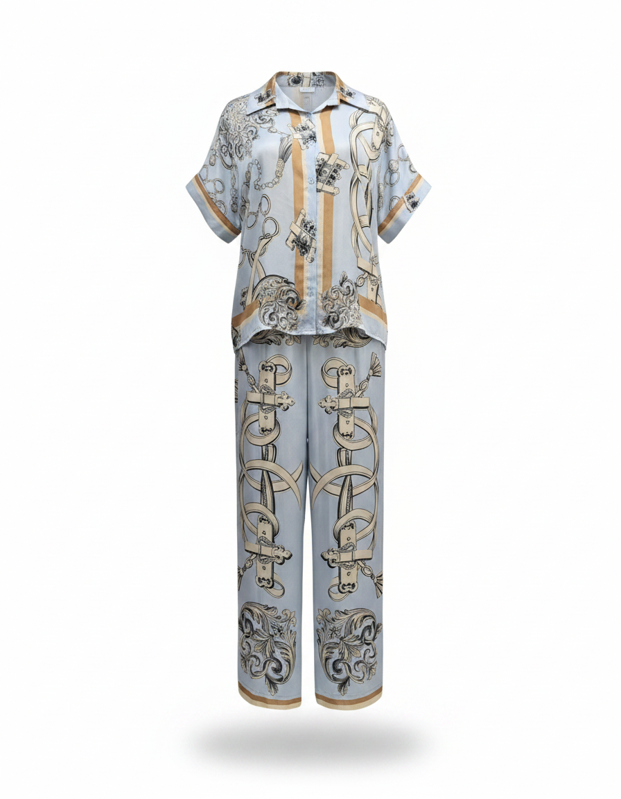 Leen Abstract Maxi Co-ord Set – Button-Front V-Neck  Elora