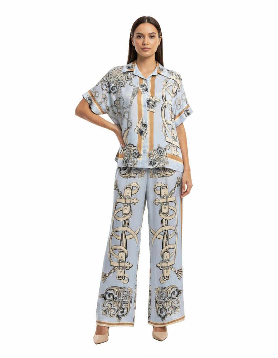 Leen Abstract Maxi Co-ord Set – Button-Front V-Neck  Elora
