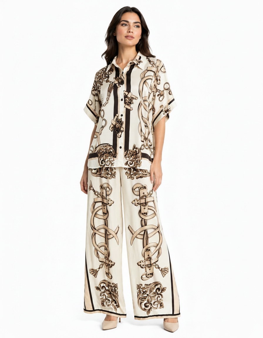 Leen Abstract Maxi Co-ord Set – Button-Front V-Neck  Elora