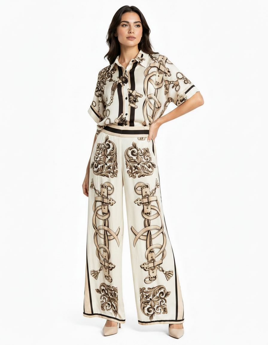 Leen Abstract Maxi Co-ord Set – Button-Front V-Neck  Elora