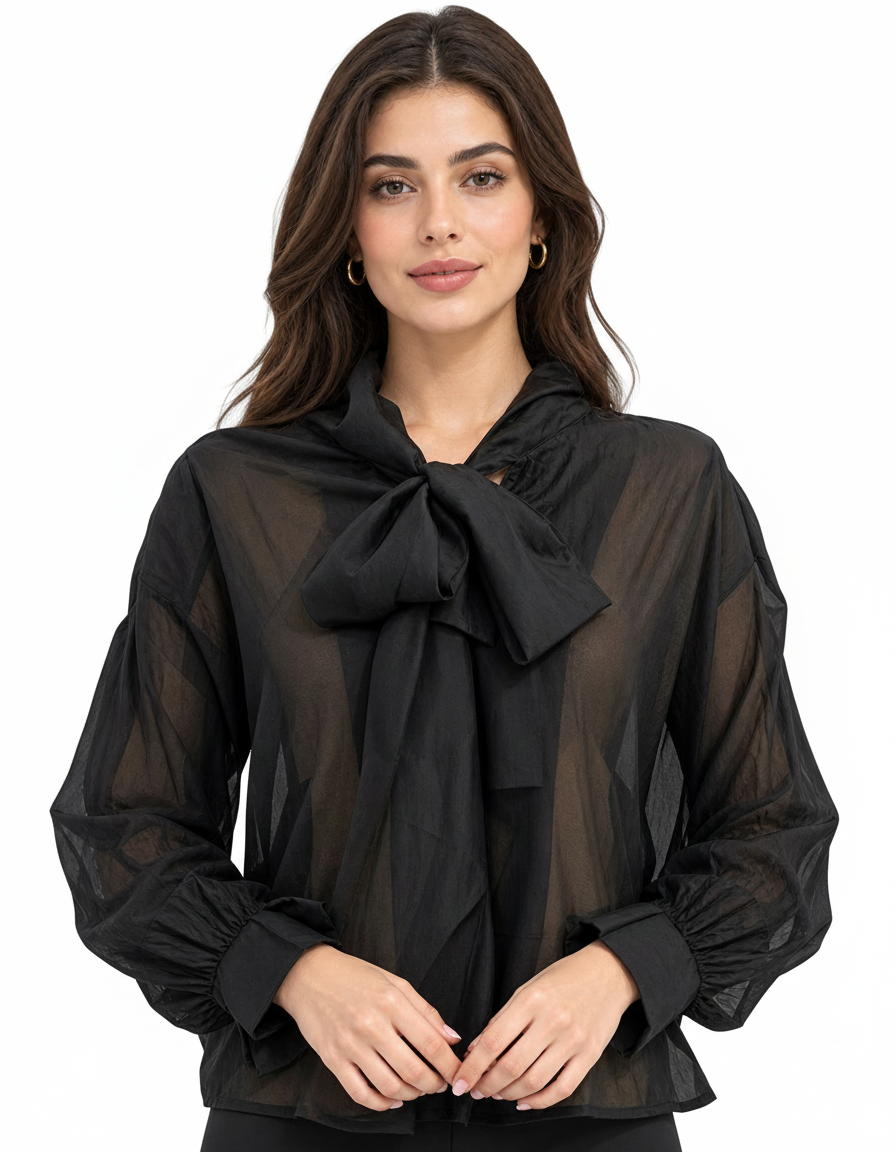 Orjuwan Silk Cropped Blouse – Button-Front Long Sleeve  Elora
