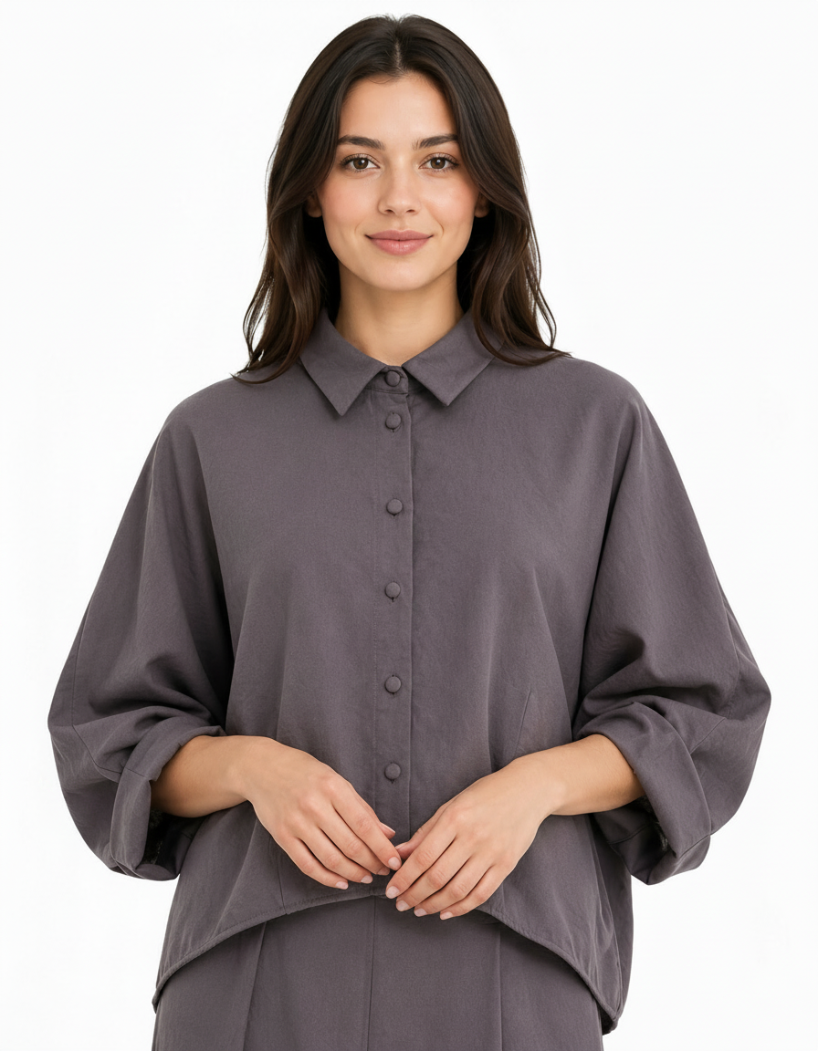Maha Viscose Cropped Shirt – Button-Front Collared  Elora