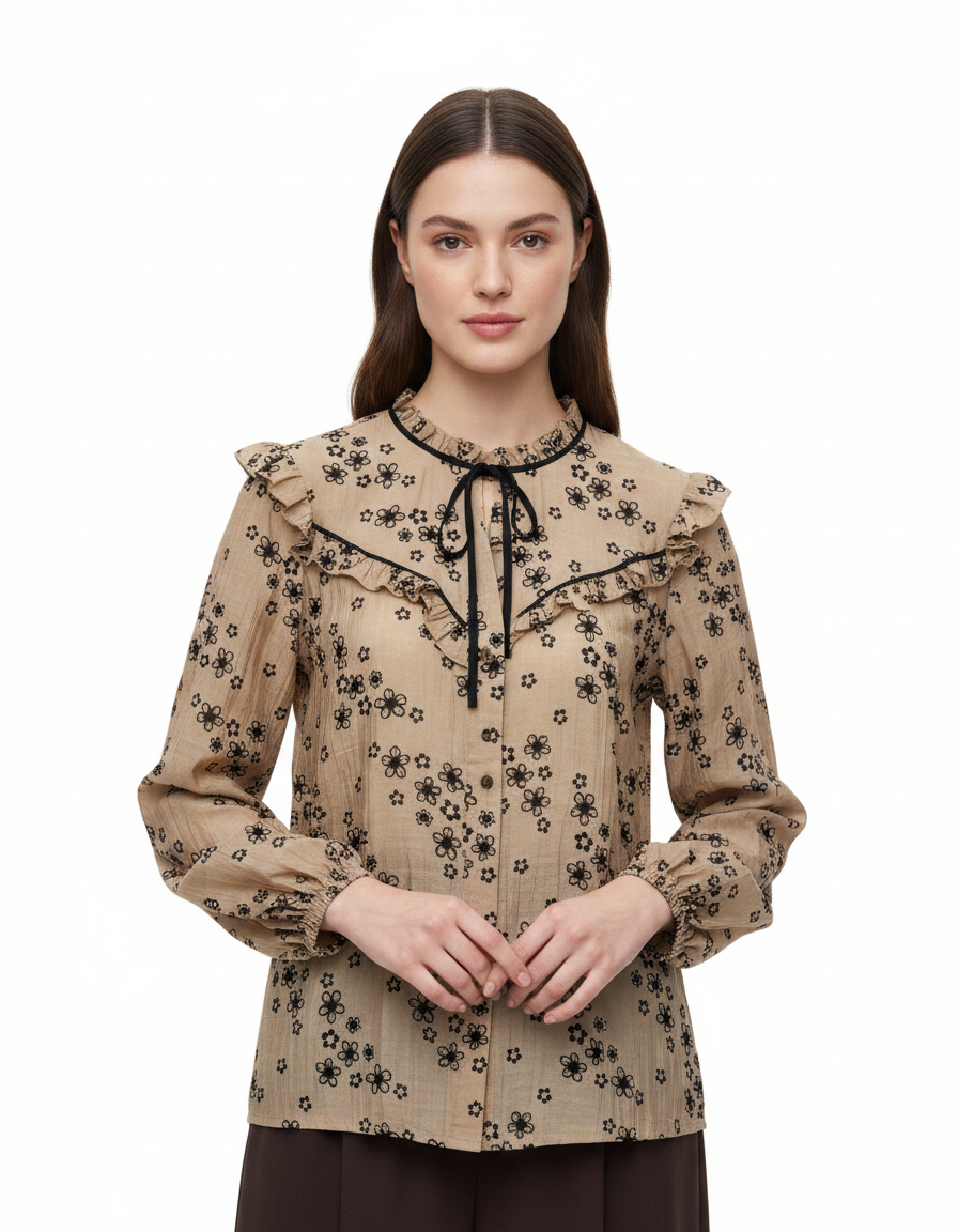 Jumana Floral Shirt – Button-Front V-Neck  Elora