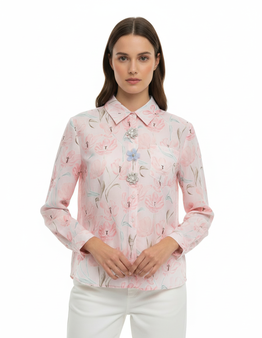 Wardah Floral Shirt – Button-Front Collared  Elora