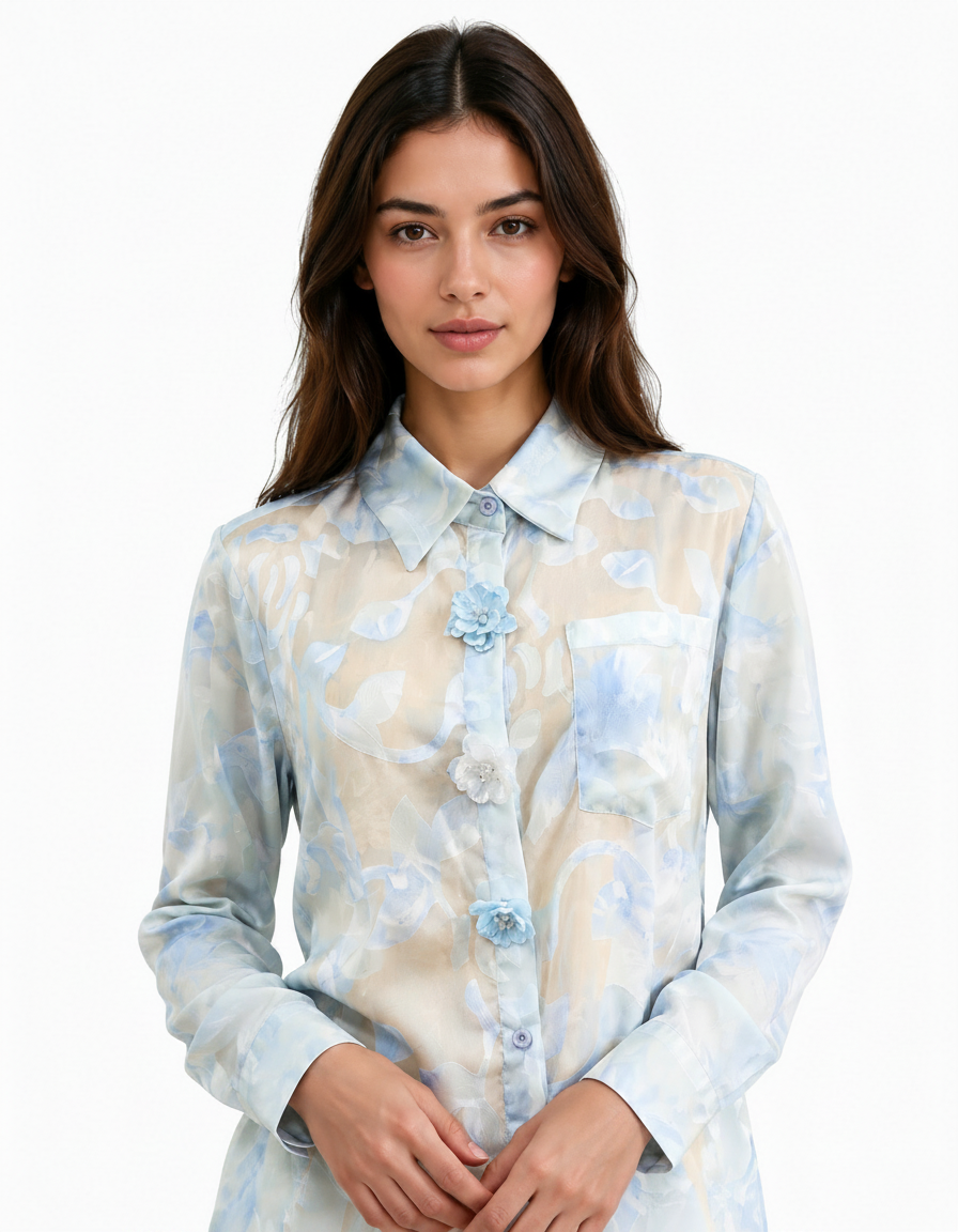 Bushra Floral Shirt – Button-Front Collared  Elora