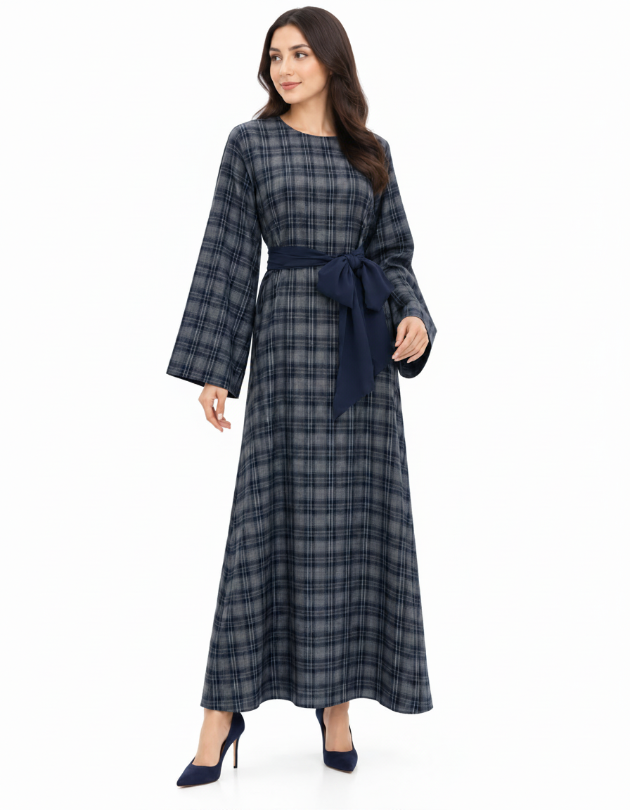 Najah Plaid Maxi Dress – Pull-On Long Sleeve  Elora