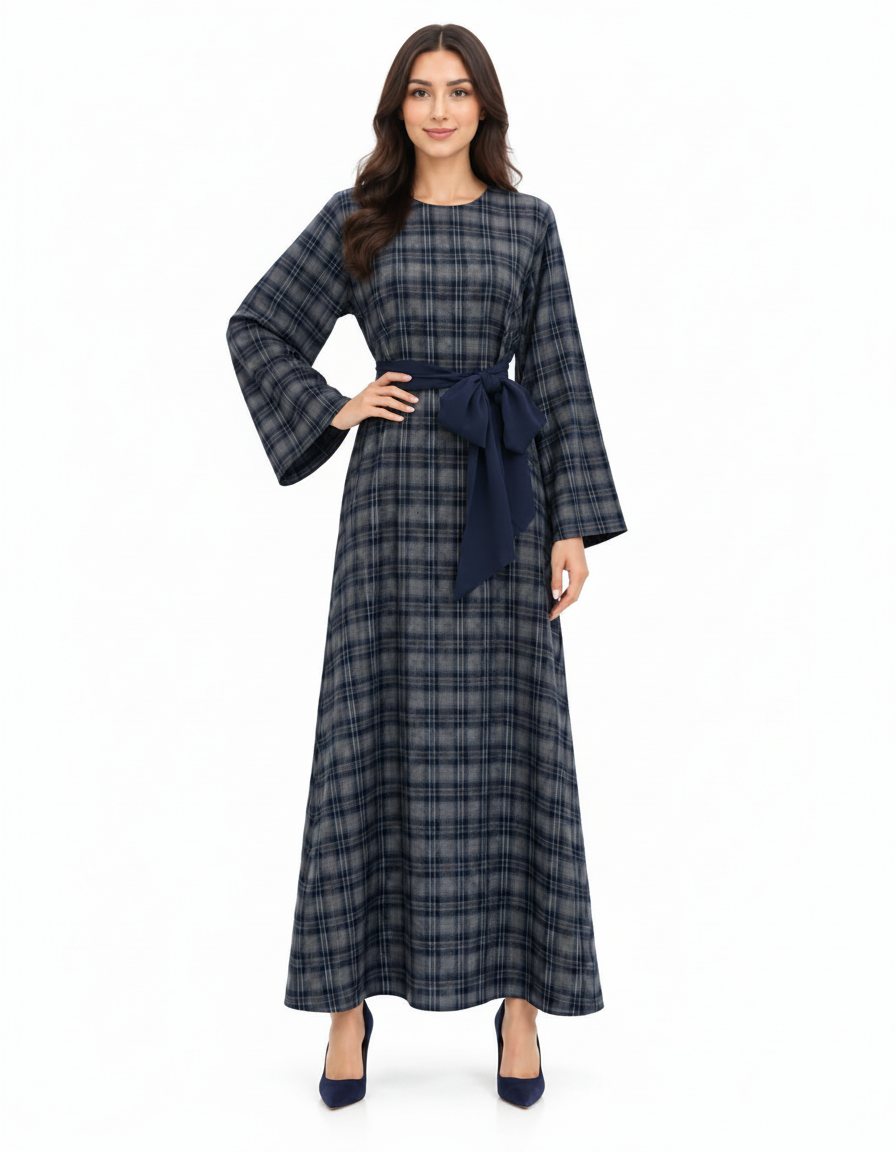 Najah Plaid Maxi Dress – Pull-On Long Sleeve  Elora