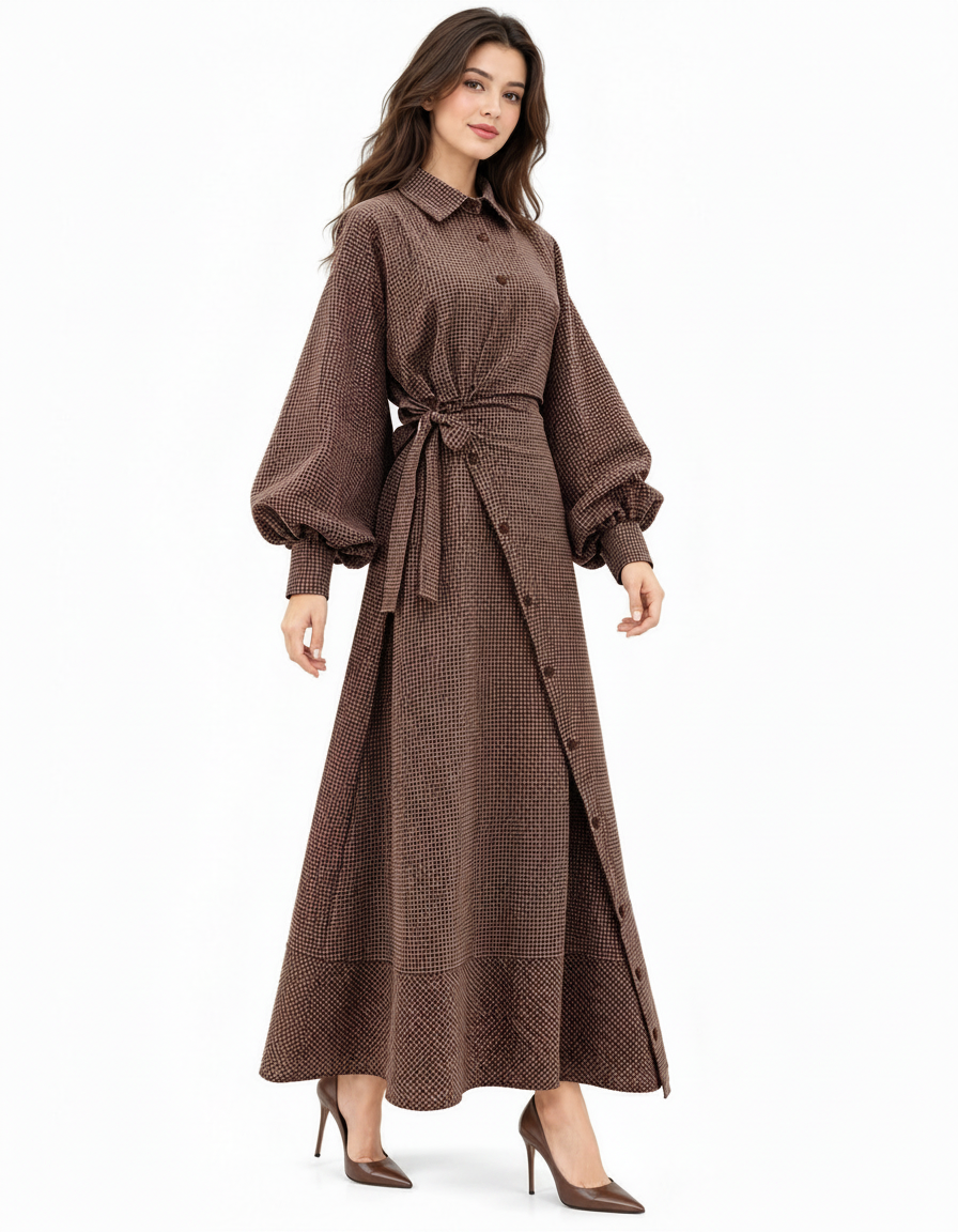 Istabraq Plaid Maxi Dress – Button-Front Collared  Elora