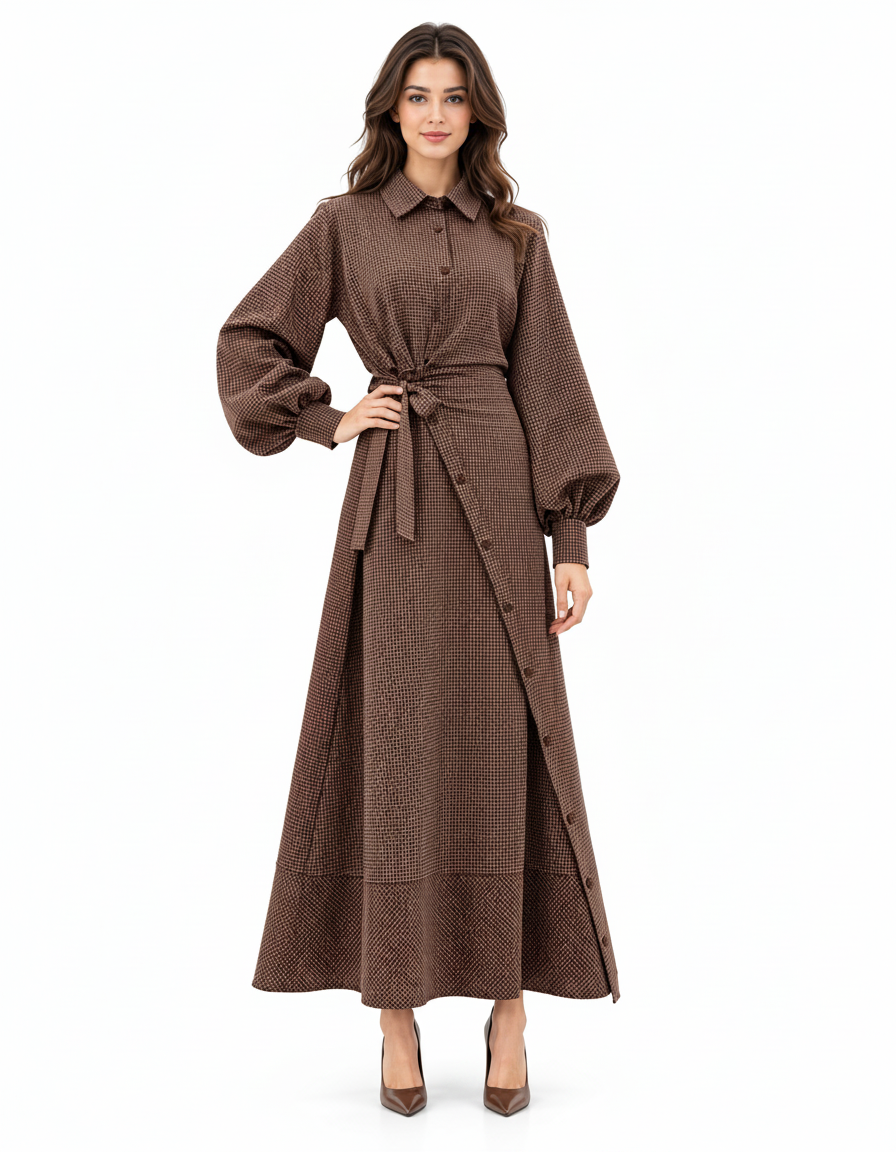 Istabraq Plaid Maxi Dress – Button-Front Collared  Elora