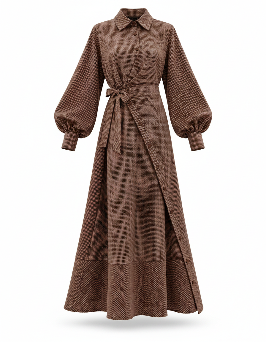 Istabraq Plaid Maxi Dress – Button-Front Collared  Elora