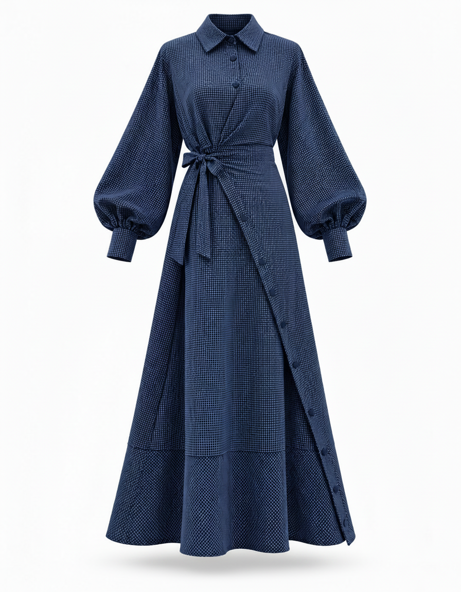 Istabraq Plaid Maxi Dress – Button-Front Collared  Elora