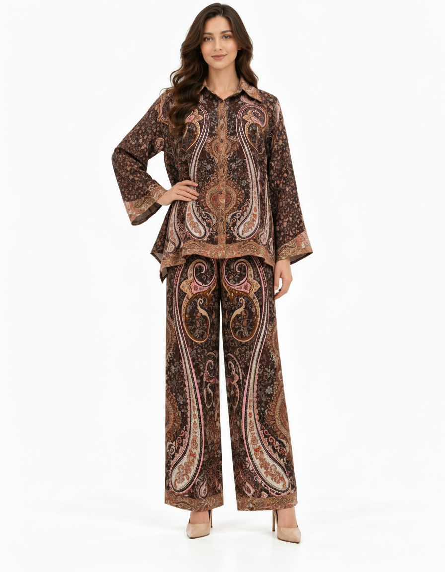 Nibal Abstract Co-ord Set – Button-Front Collared  Elora