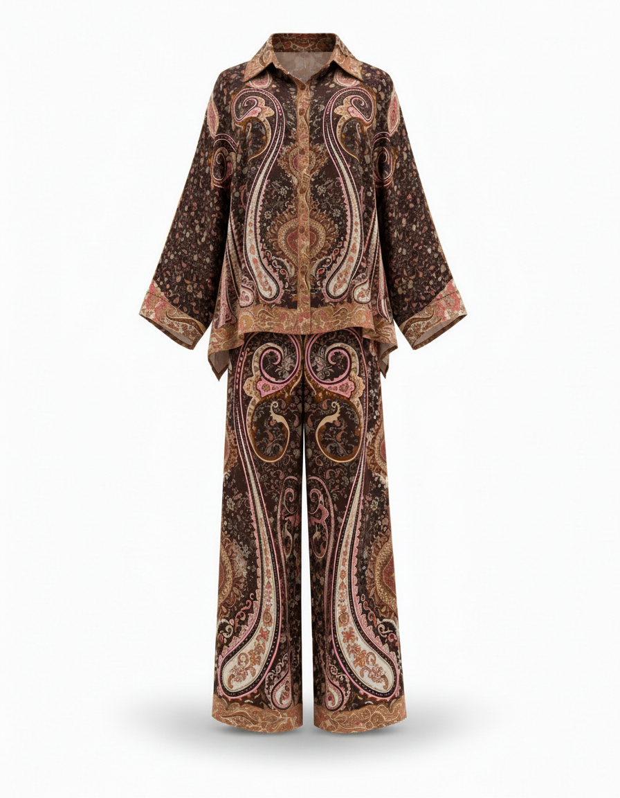 Nibal Abstract Co-ord Set – Button-Front Collared  Elora