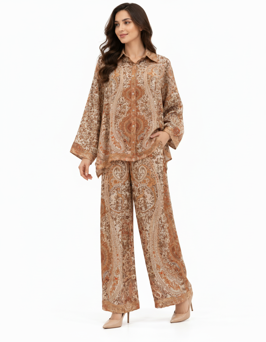 Nibal Abstract Co-ord Set – Button-Front Collared  Elora