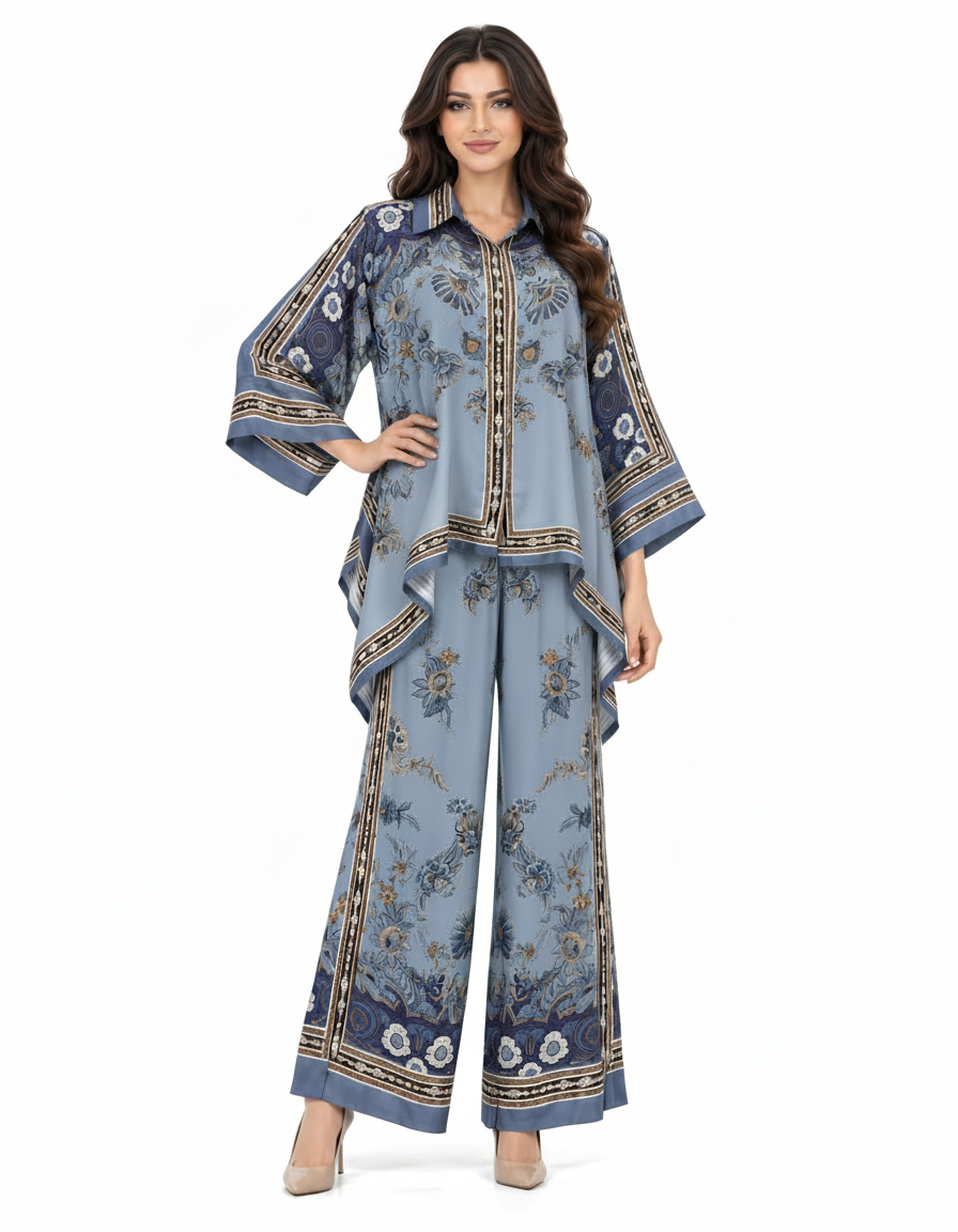 Nihal Abstract Co-ord Set – Button-Front Collared  Elora