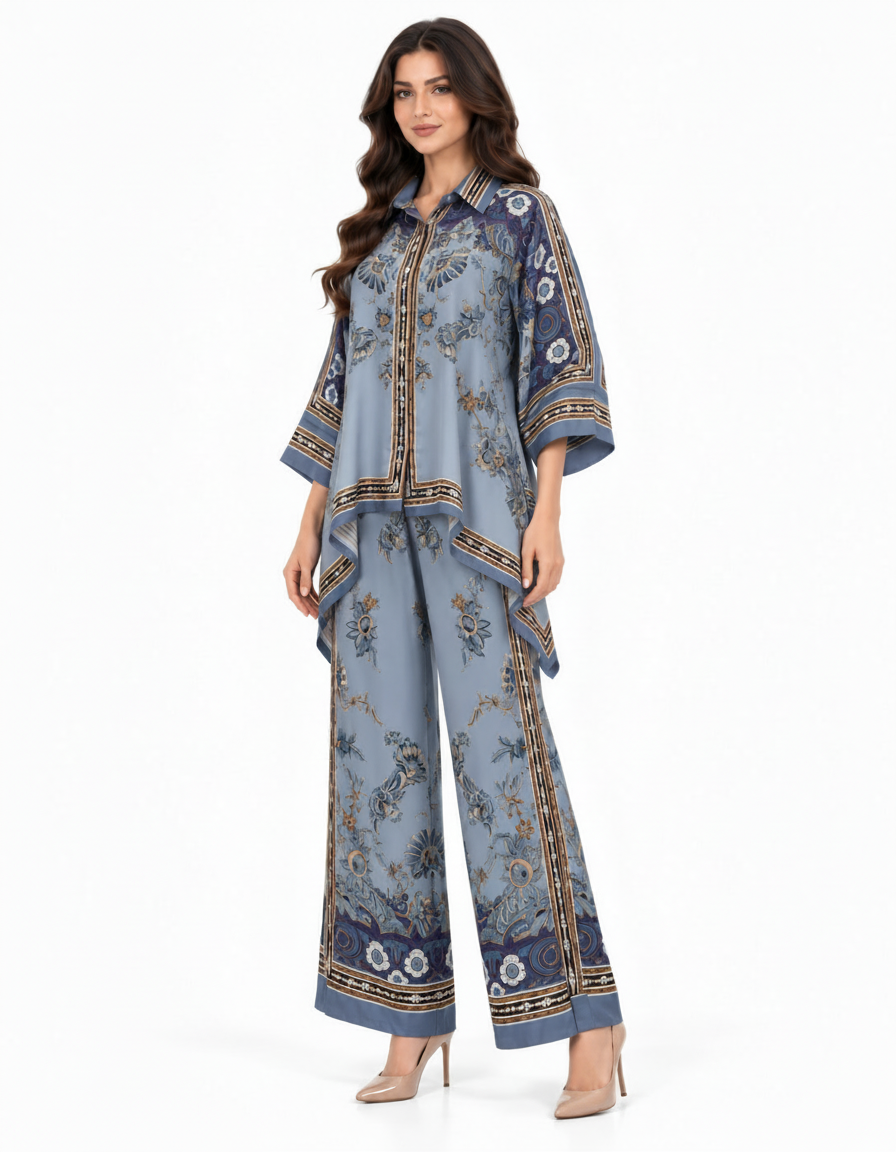 Nihal Abstract Co-ord Set – Button-Front Collared  Elora