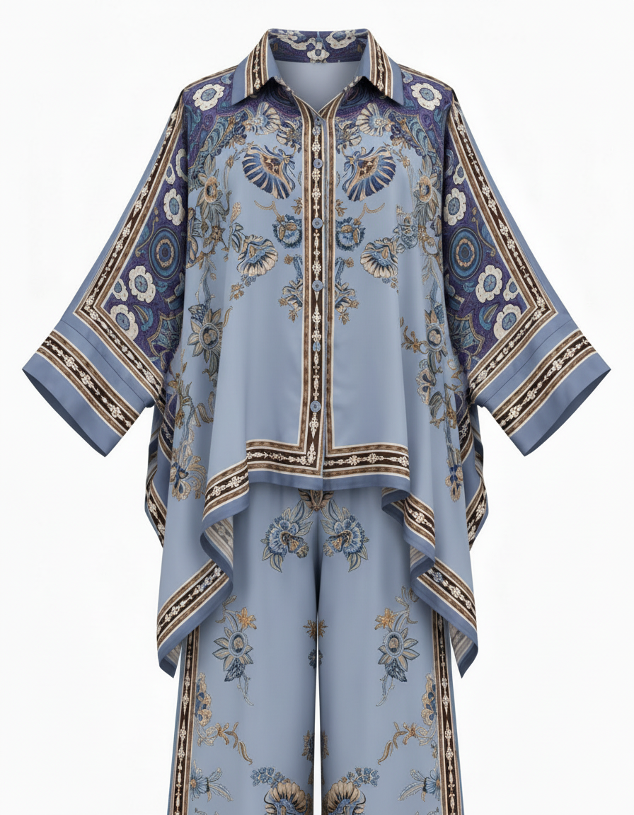 Nihal Abstract Co-ord Set – Button-Front Collared  Elora