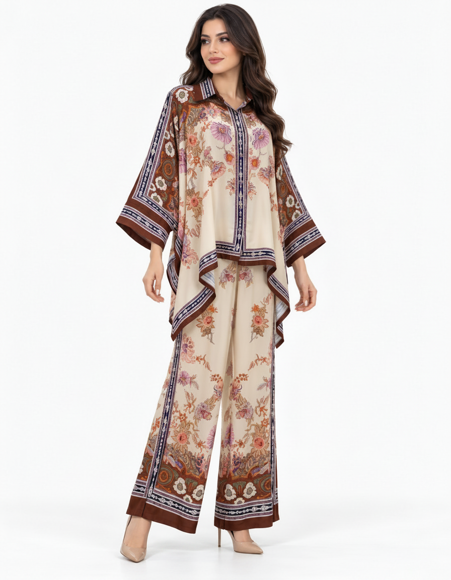 Nihal Abstract Co-ord Set – Button-Front Collared  Elora