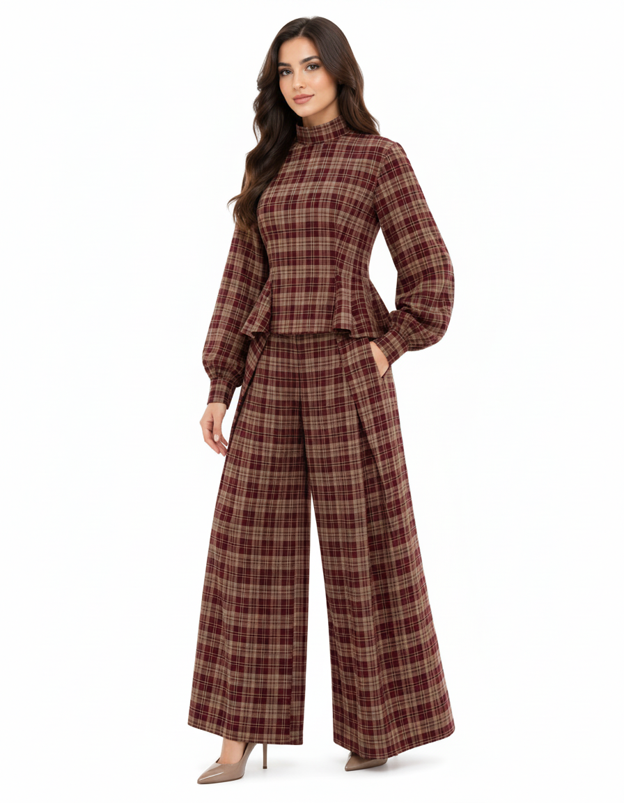 Wadha Plaid Cropped Co-ord Set – Long Sleeve  Elora