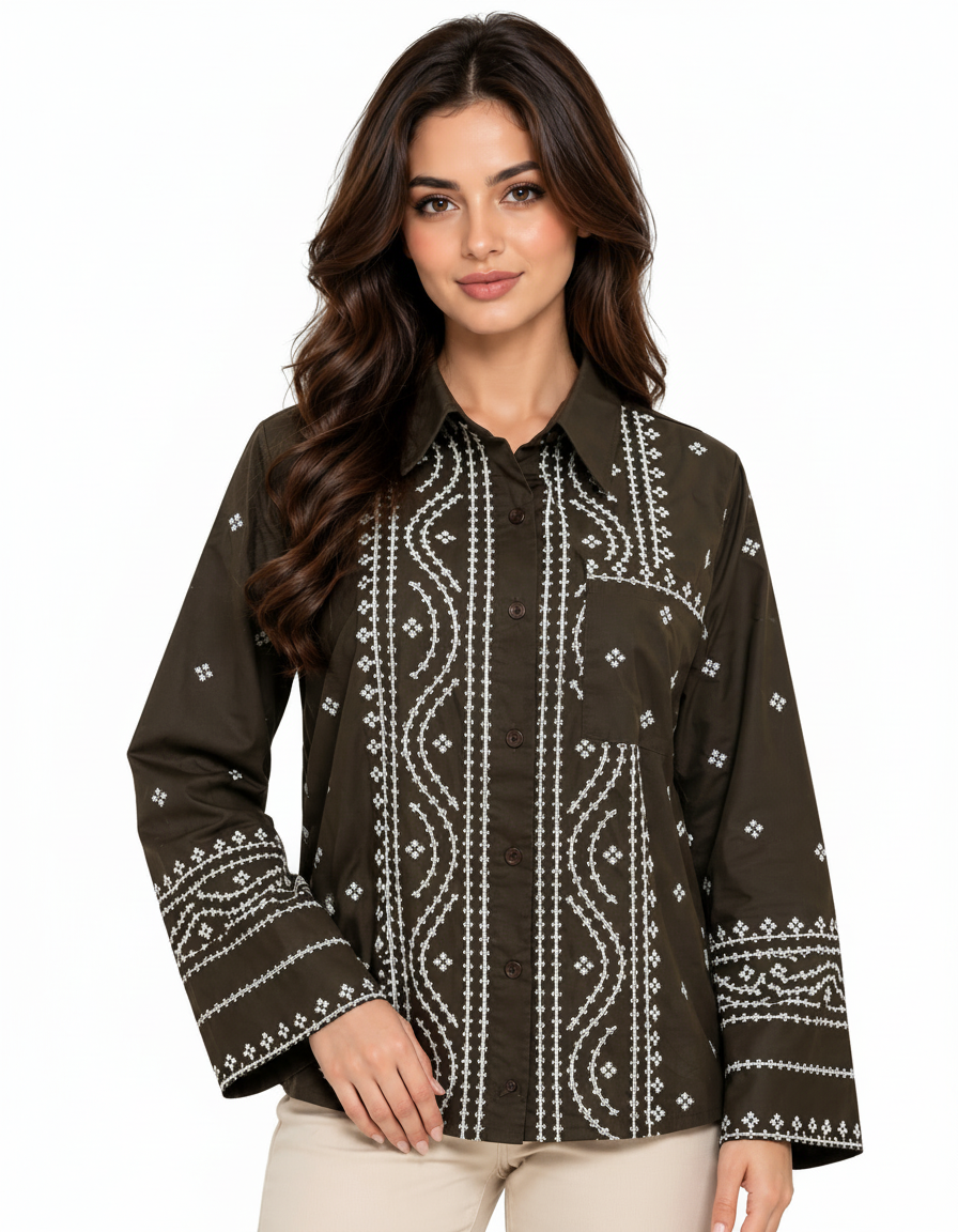 Hanaa Abstract Shirt – Button-Front Collared  Elora